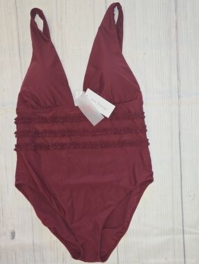 mimi flamingo Burgundy Ruffled One-Piece Swimsuit NWT Size 14